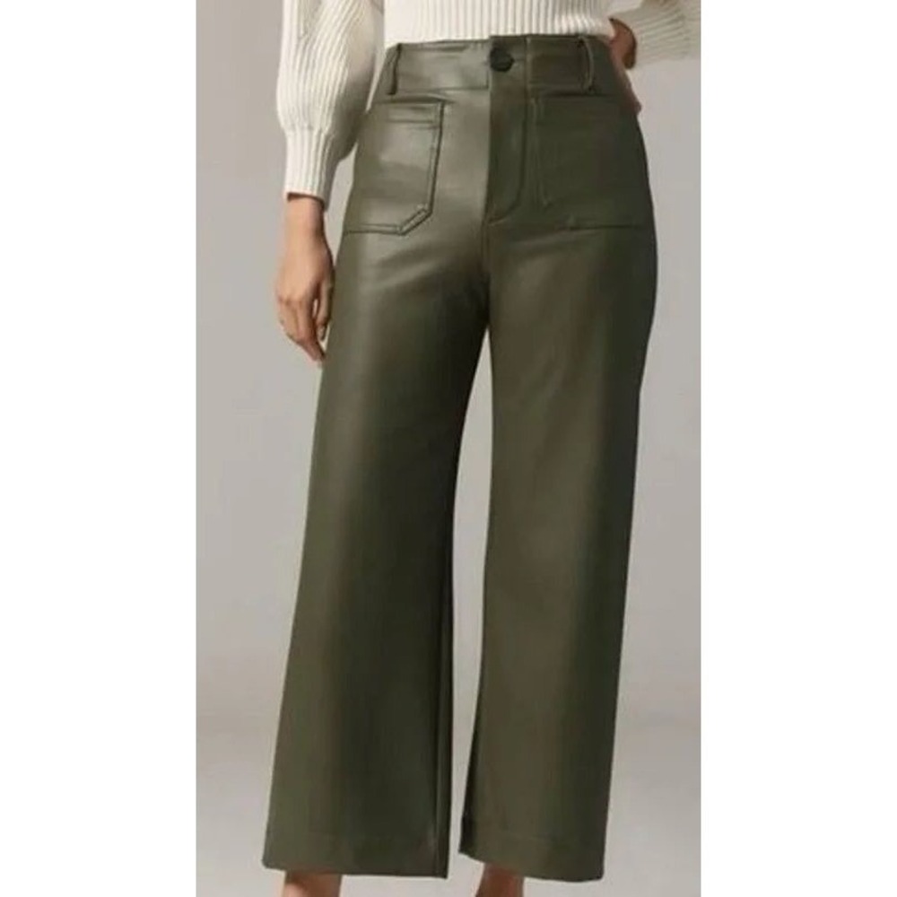 Maeve Colette Cropped Wide-Leg Faux Leather Pants Olive Green‎ Plus Size 26W
